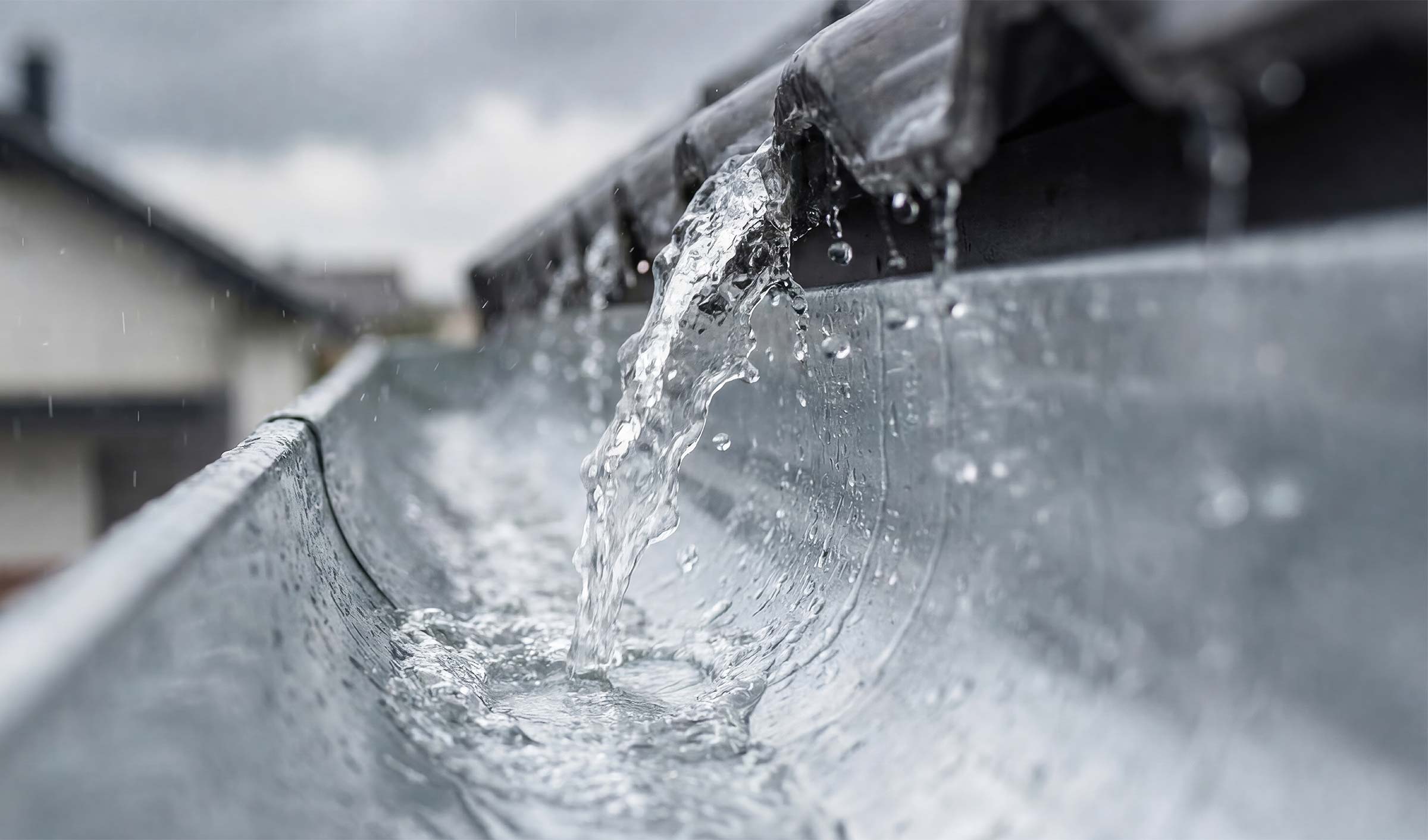Baumetalle & Dachentwässerung aus Metall Regenwasser fließt im Metall-Dachrinnenrohr bei bewölktem Himmel.