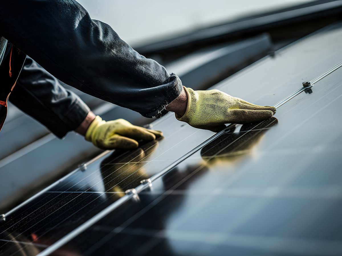 Photovoltaikmontage Handwerker mit gelben Handschuhen installiert Solarmodule auf einem Dach.