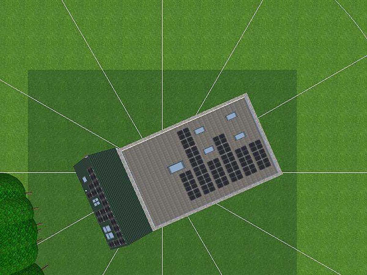 Photovoltaik Zeichnung Vogelperspektive eines Hauses mit Dachsolarmodulen, umgeben von grünem Rasen und Bäumen.